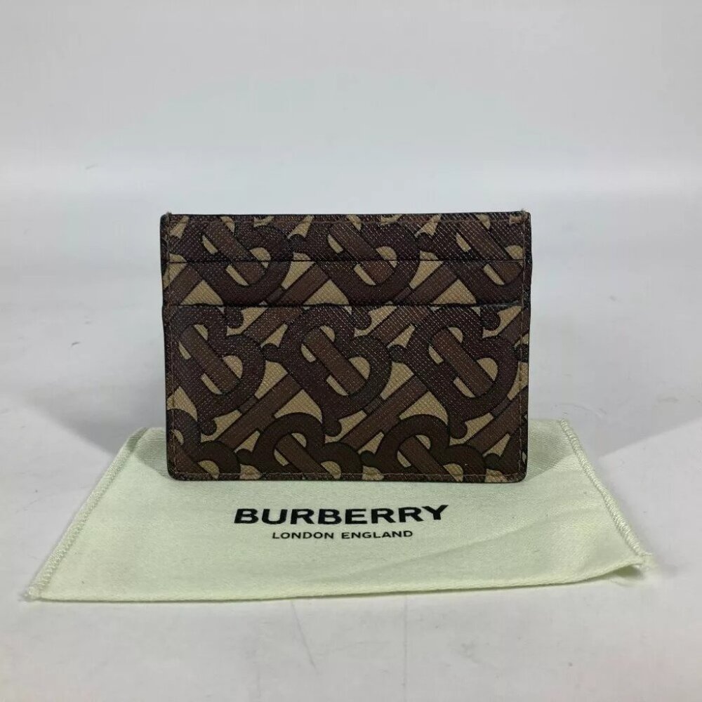BURBERRY TB logo Business Card Holder Pass Case Card Case Leather Brown